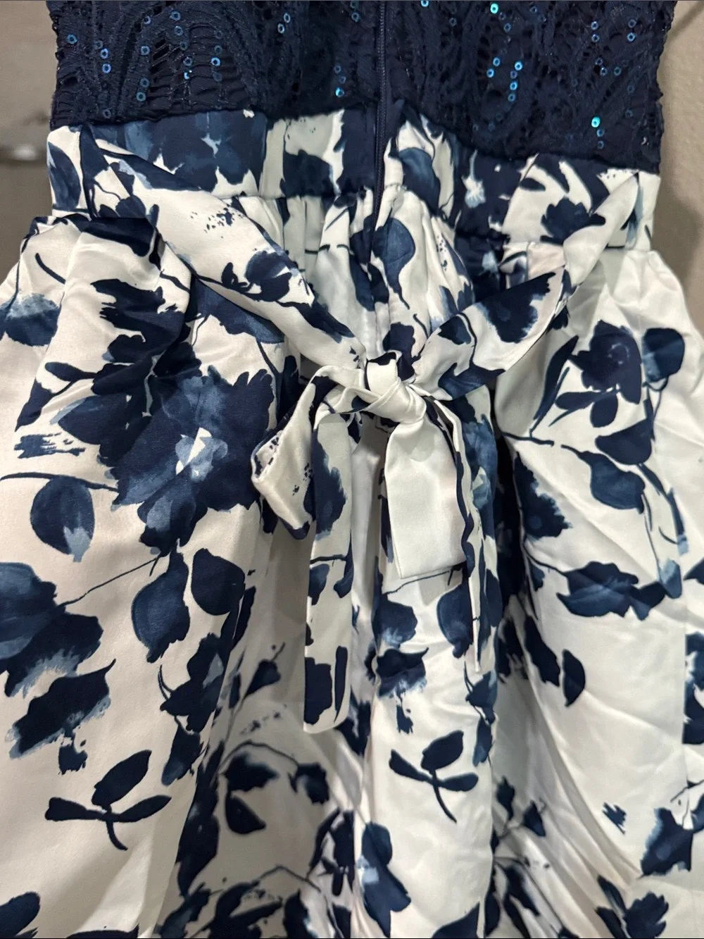 Speechless Navy Sequin Lace Bodice Floral Skirt Dress